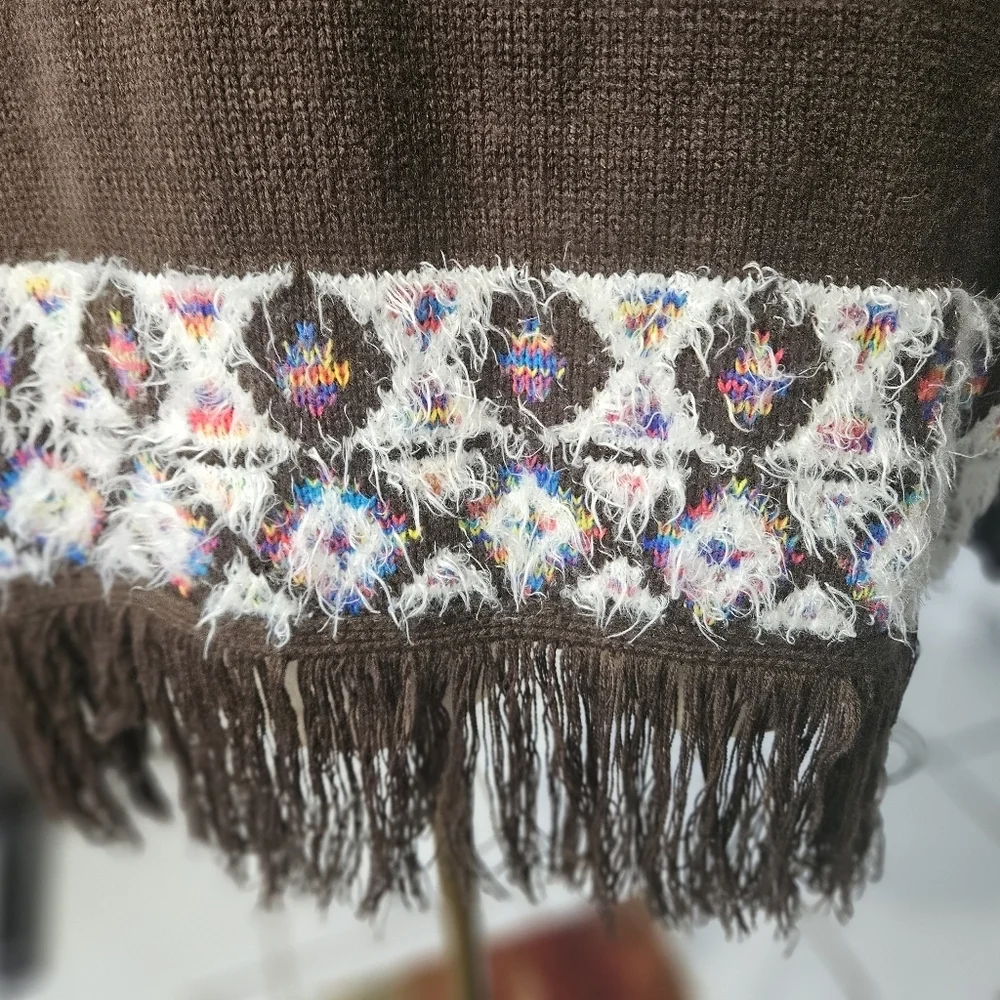 Long Brown Fringed Cardigan, Sz L, New Directions, Boho Aztec Pattern